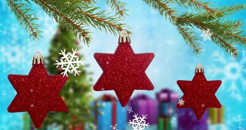 Festive Christmas Tree with Red Star Decorations and Gifts - Download Free Stock Images Pikwizard.com