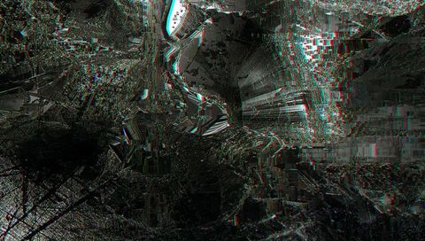 Abstract glitch landscape distorting grid with chromatic aberration and pixel fragmentation