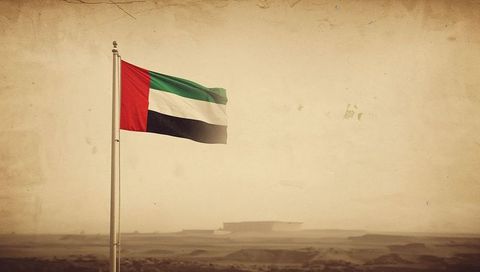 Uae flag waving over arid desert plain with vintage sepia texture and windblown pole