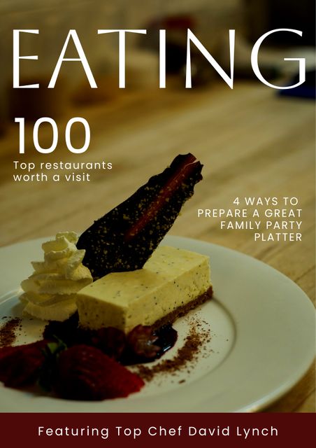 This high-quality image features a gourmet cheesecake dessert on the cover of a restaurant magazine. Perfect for culinary enthusiasts, magazine publishers, restaurant reviews, cooking blogs, or ads for chefs and dining establishments. The inclusion of tips and visits to top restaurants adds value for foodies looking for new dining experiences.