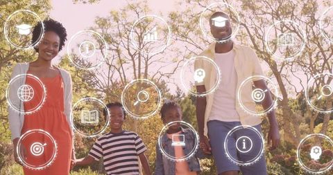 Family learning and growing together outdoors with digital education icons overlay