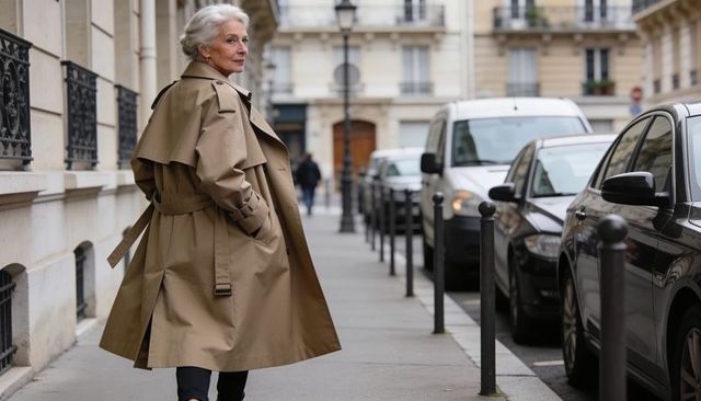 Elegant senior woman walking paris street in beige trench coat, glancing back with poise