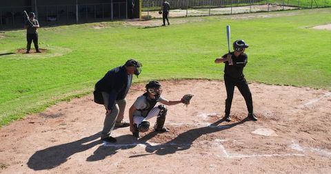 Batter Facing Pitch with Catcher and Umpire at Home Plate on Sunlit Baseball Diamond Field