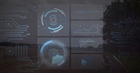 Futuristic hud overlay showing radar, analytics and circuit interface over twilight grassland