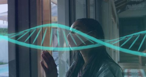 Woman Pressing Hand Against Glass Gazing Through Window with Turquoise DNA Helix Overlay