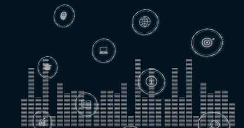 Futuristic Equalizer Displaying Analytics HUD Icons for Data Dashboard Interface