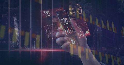 Futuristic Trading Dashboards Displaying Real-Time Financial Charts Over City Skyline