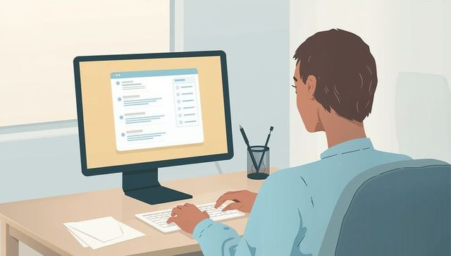 Office Worker Typing on Computer at Minimalist Desk and Communicating