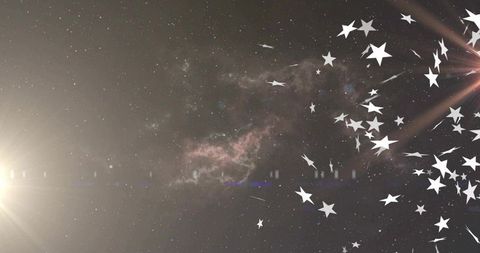 Scattering White Star Cutouts Over Magenta Nebula with Solar Flare and Lens Rays