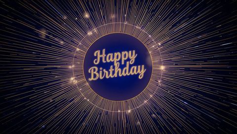 Glowing Golden Happy Birthday Medallion Radiating Starburst Sparkle on Deep Blue Sky