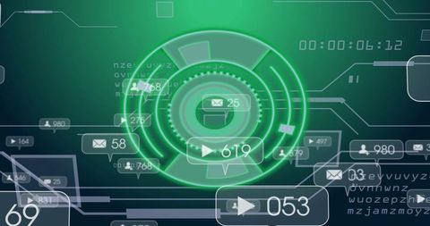 Pulsing neon hud dashboard showing mail counts, play icons, user counters and timer, green