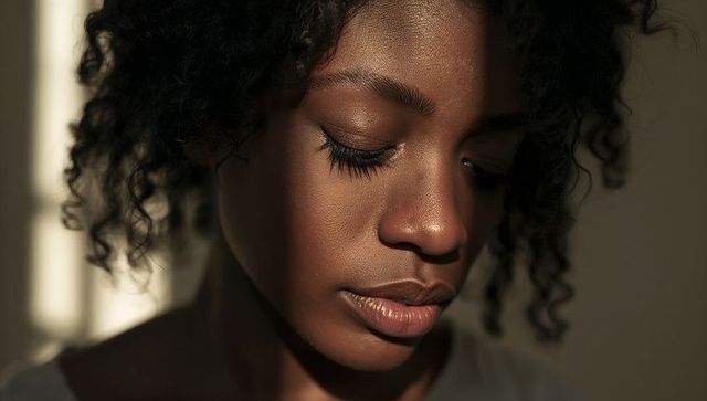 Contemplative young woman lowering gaze in warm sunlight stripe, closeup portrait