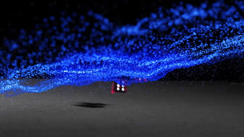 Blue Particle Wave Flowing over Dice in Surreal Setting