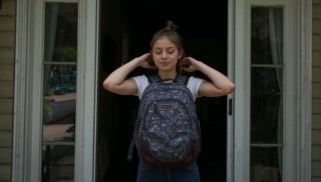 Teen adjusting backpack straps in doorway wearing white t-shirt and jeans, student lifestyle