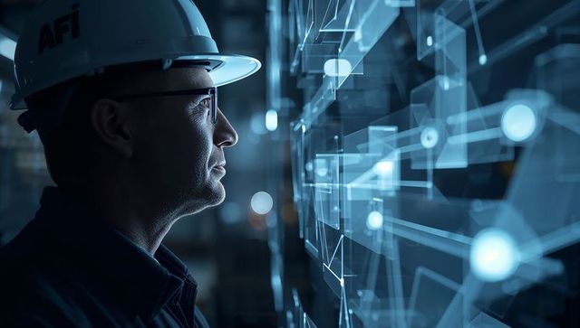 Engineer studying holographic control panels in industrial plant wearing hard hat and safety glasses