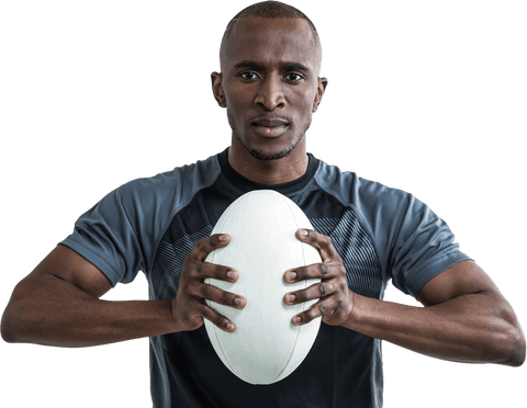 Athlete holding rugby ball with intensity on transparent background