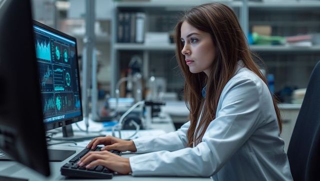 Female Scientist Analyzing Data on Dual Monitors in Modern Laboratory