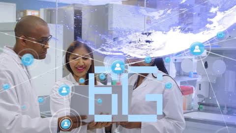 Scientists Collaborating in Laboratory with 6G Technology Overlay