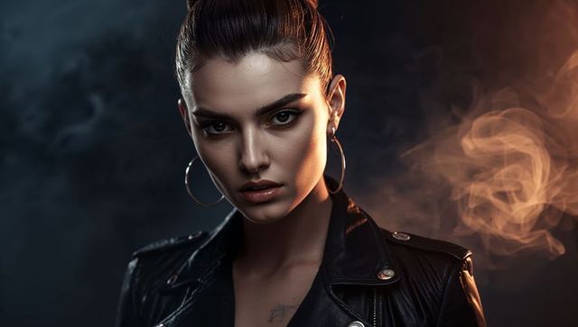 Edgy model wearing leather jacket with dramatic smoky background