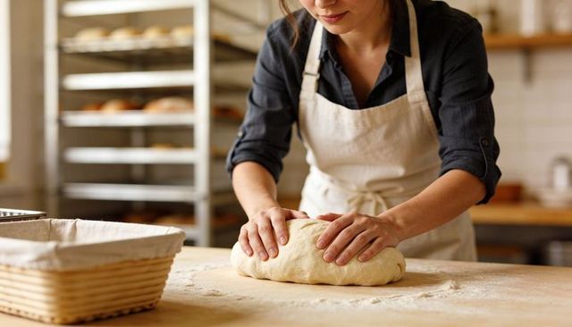 Artisan baker shaping loaf on floured table with banneton basket and rack