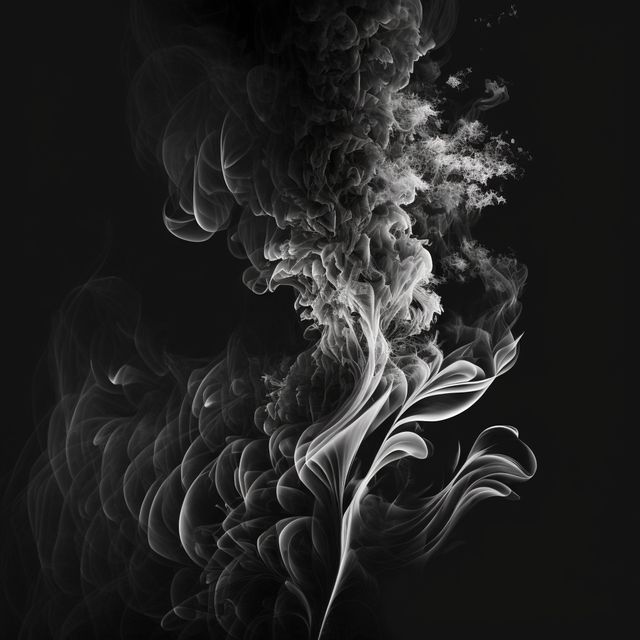 Swirling smoke forming an intricate black and white abstract design. Ideal for use in modern art pieces, design projects, or backgrounds for presentations and marketing materials.