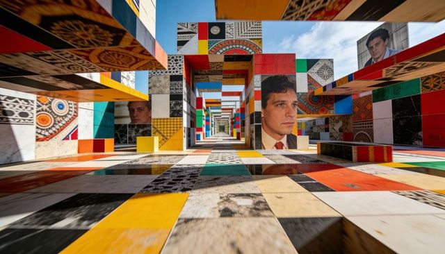Colorful modular tunnel featuring tiled floor, portrait panels and repeating perspective
