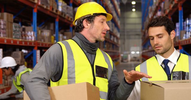 Workers dressed in safety vests and hard hats discuss logistics in a large warehouse. They are surrounded by shelves stocked with various goods. This image could be used for topics related to warehouse management, inventory control, logistics coordination, and industrial safety. Ideal for use in articles, brochures, and websites focusing on logistics, supply chain management, and related industries.