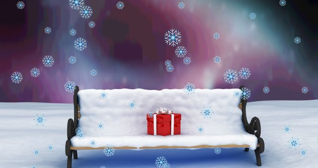 Winter Bench with Falling Snow and Gift Box under Night Sky - Download Free Stock Images Pikwizard.com