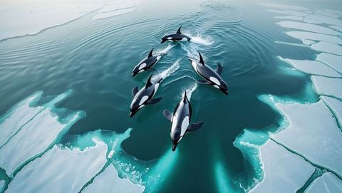 Orcas Swimming Through Ice Floes in Arctic Waters
