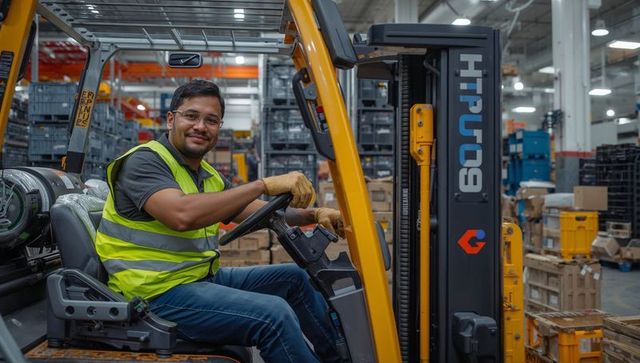 Forklift operator smiling while driving forklift through busy warehouse logistics hub
