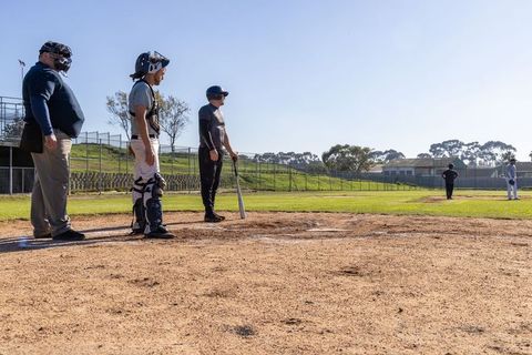 Batter Waiting at Home Plate with Catcher and Umpire on Sunny Baseball Field