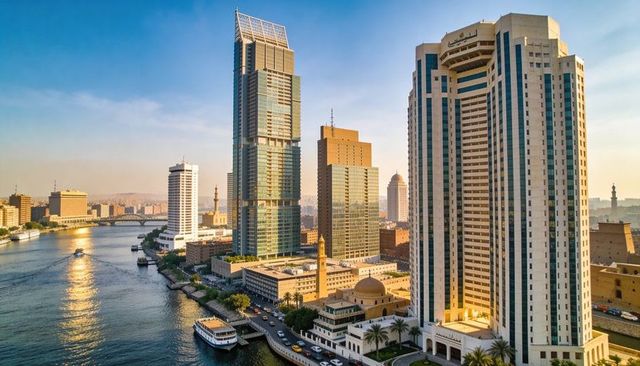 Nile riverside skyline shining in golden light with high-rise towers and mosque dome