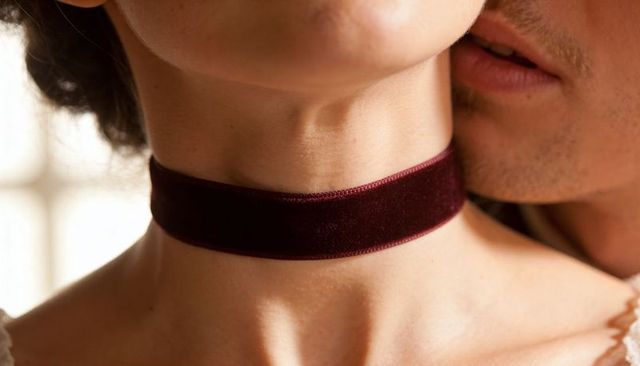 Burgundy velvet choker neck closeup romantic couple intimacy fashion editorial