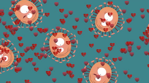 Whimsical Virus and Heart Icons Over Teal Background