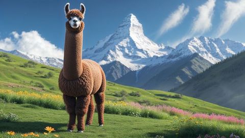 Peaceful brown llama grazing in colorful mountain meadow wonderland