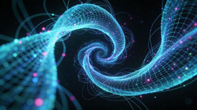 Twisting neon data vortex spiraling mesh ribbons with glowing particles and network trails