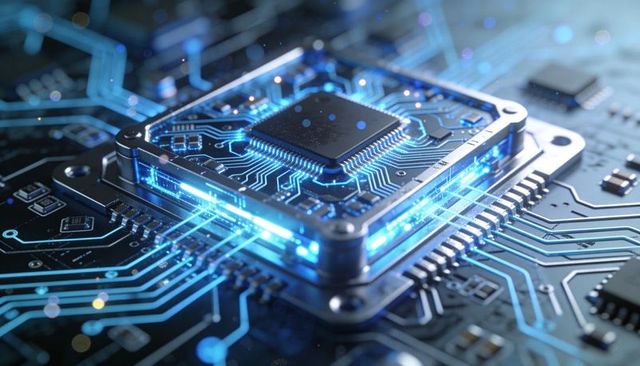 High-performance SoC sitting on illuminated PCB with glowing blue traces for AI hardware