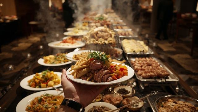 Hand holding plate serving sliced roast, crispy fries and bell peppers at luxury buffet line