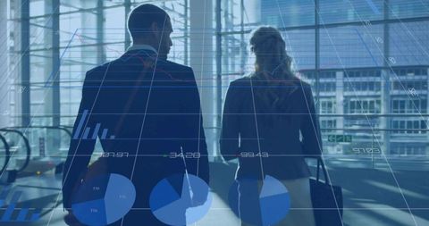 Walking business partners through glass atrium carrying bags with digital data overlays