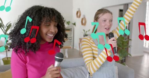 Cheerful teen girls singing karaoke with musical notes