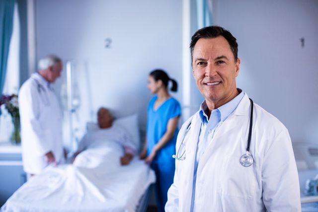 Male doctor smiling in hospital ward with medical staff and patient in background. Ideal for healthcare, medical services, hospital advertisements, and professional healthcare promotions.