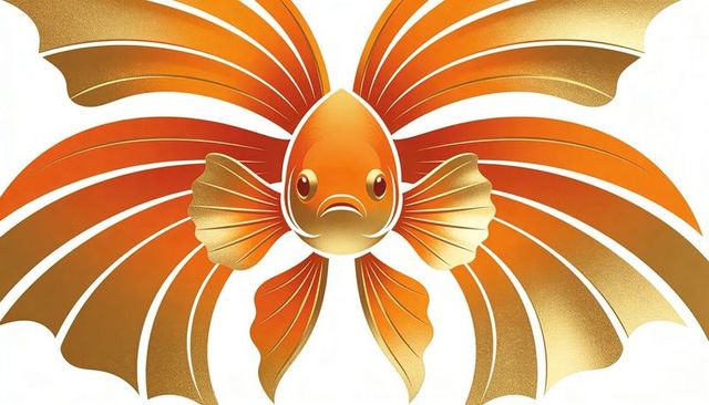 Symmetrical ornamental goldfish with flowing metallic fins, glossy gradient vector art