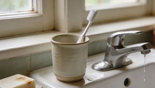 Toothbrush in ceramic cup on bathroom sink with dripping faucet highlighting hygiene risks
