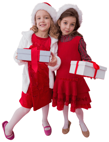 Joyful Caucasian Girls Celebrating Christmas with Gifts and Santa Hats