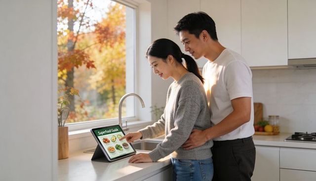 Asian couple using tablet recipes while cooking in sunlit modern kitchen