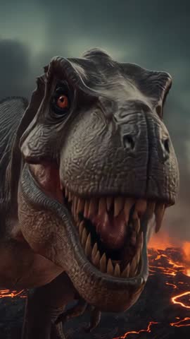 Tyrannosaurus Rex Roaring Over Lava Plain Vertical Video with Glowing Fissures