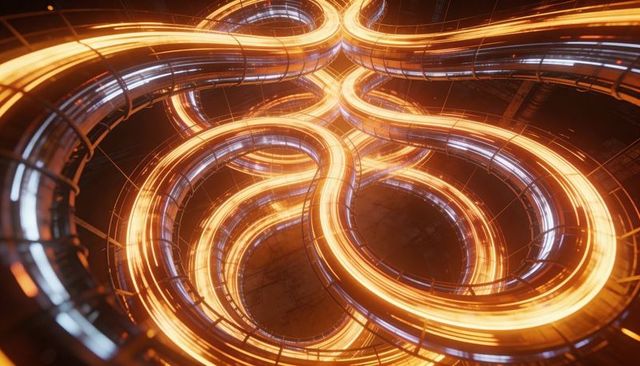 Pulsing glowing tubular conduits threading enclosed facility with circular junction rings