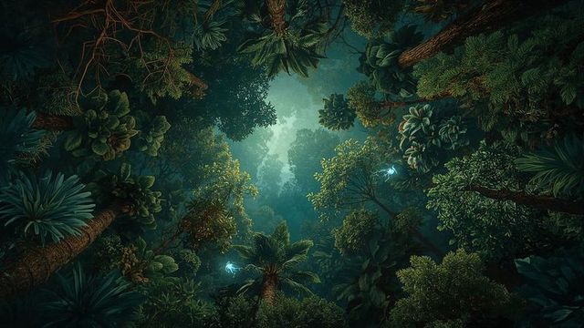 Mystical jungle canopy with glowing insect lights