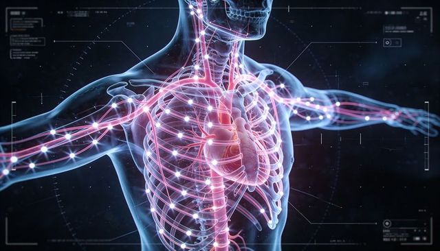 Translucent 3d torso revealing heart, ribcage and vascular network with glowing nodes hud