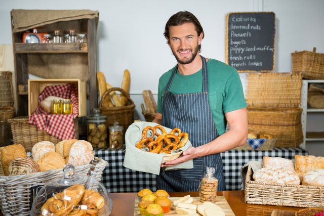 Male baker holding basket of pretzels while smiling at counter in bakery. Surrounded by various breads and pastries, perfect for promoting bakery businesses, small business marketing, food blogs, and artisan bread shops.